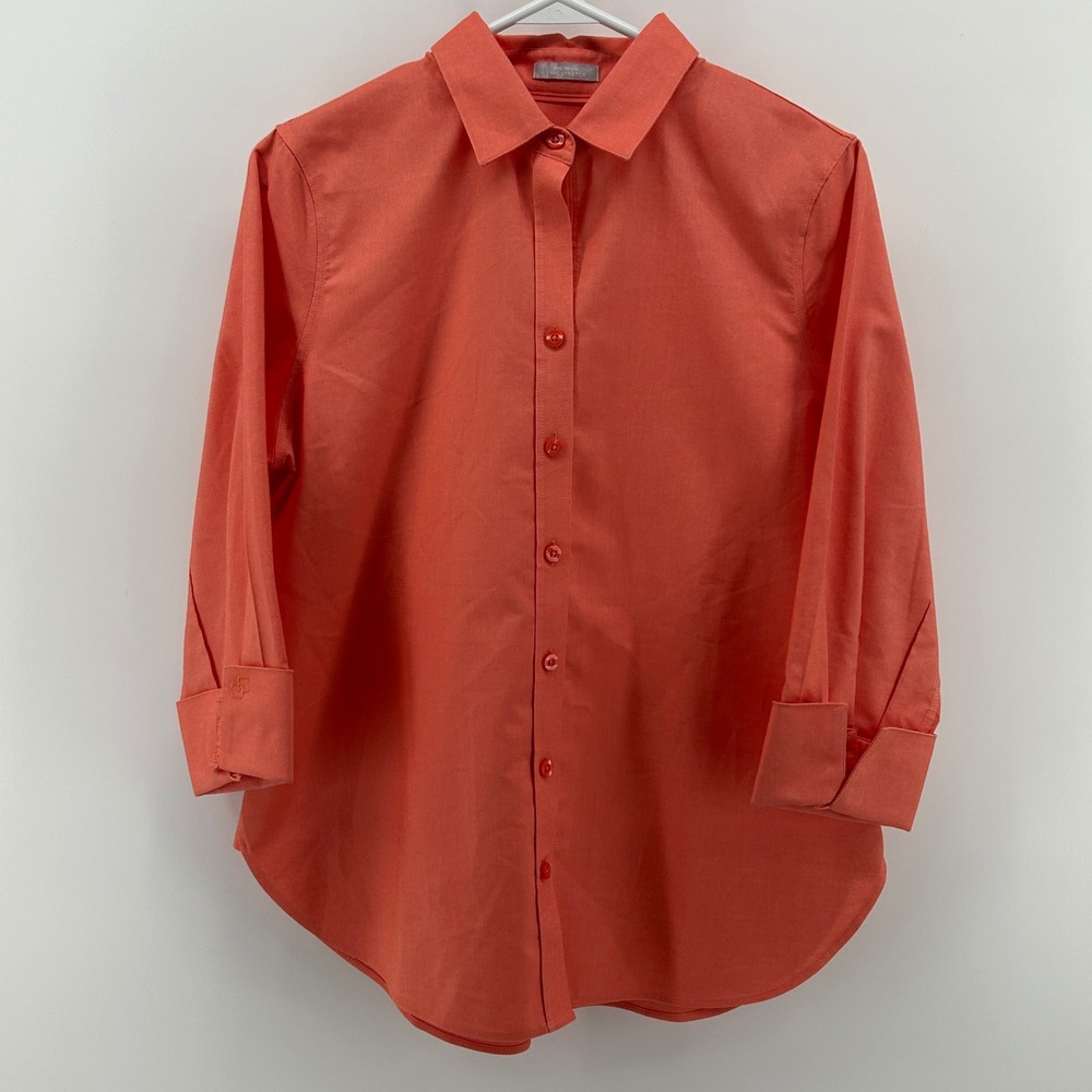 Chicos 0 No-Iron Chic Stretch Button Down Shirt Coral Orange US 4 Preppy Office‎
